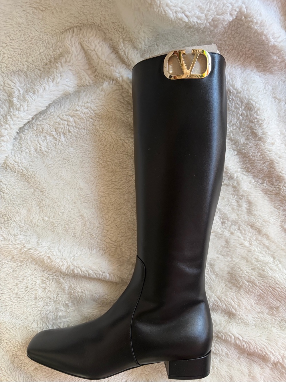 Valentino Black Leather Over-the-Knee Boot with Gold V Logo